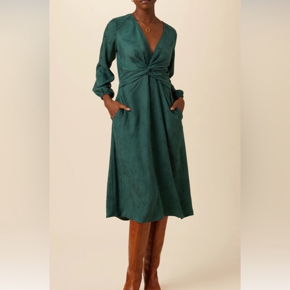 Amour Vert Etta Cupro viscose Jacquard Dress In Green Darkest‎ Spruce NWT Size S